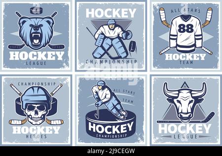 Six square hockey championship posters with old style compositions of sportsman characters mascots and various accessories vector illustration Stock Vector