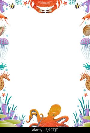 Colorful cartoon sea fauna template with place for text and underwater creatures vector illustration Stock Vector