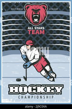 All stars hockey team championship old style advertising poster with player character image on ice rink vector illustration Stock Vector