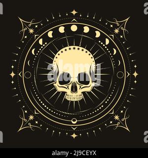 Mystic Esoteric emblem Human Skull with Phases of Moon isoleted on Black Background. Stock Vector