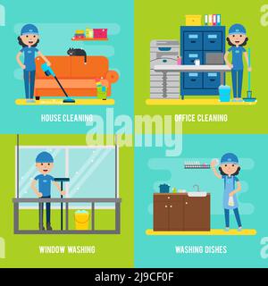 Cleaning company flat composition with different services household equipment and tools vector illustration Stock Vector