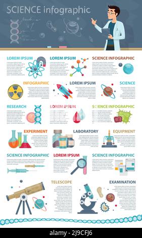 Science infographic concept with scientific research experiments test analysis equipment and tools vector illustration Stock Vector