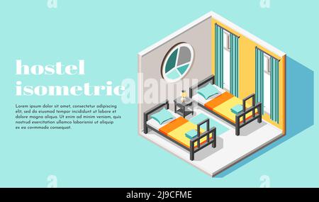 Hostel room interior for two guests isometric background with beds and bedside table vector illustration Stock Vector