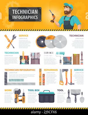 Colorful repair service infographics with repairman building instruments and construction tools vector illustration Stock Vector