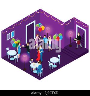 Dancing and sitting people at party in restaurant with white tables and purple walls isometric vector illustration Stock Vector