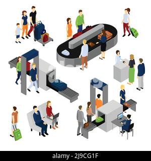 Isometric set of scenes with people in airport including security control and baggage carousel isolated vector illustration Stock Vector