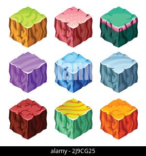 Isometric set of colorful gaming cubes with landscape elements on white background isolated vector illustration Stock Vector