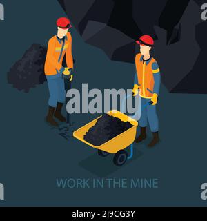 People in mine isometric template with working miners in uniform and ...