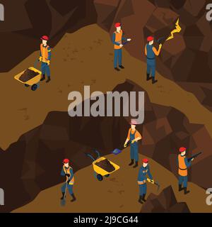 Isometric working miner people concept with shovel pickaxe drill wheelbarrow in mine vector illustration Stock Vector