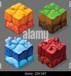 Cartoon isometric cubes set with different colorful landscapes for game design isolated vector illustration Stock Vector