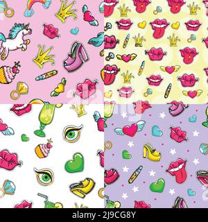 Cartoon female patches seamless patterns set with colorful comic badges stickers and fashion pins vector illustration Stock Vector