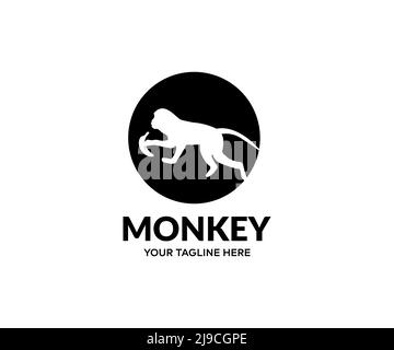 Monkey silhouet, cute monkey logo in a circle logo design. Wildlife vector design and illustration. Stock Vector
