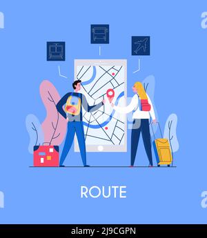 Two tourists and tourism mobile application interface with maps and navigation flat vector illustration Stock Vector