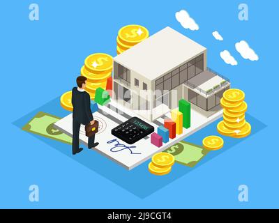 Isometric finance and investment concept with successful businessman cottage gold coins cash money calculator isolated vector illustration Stock Vector