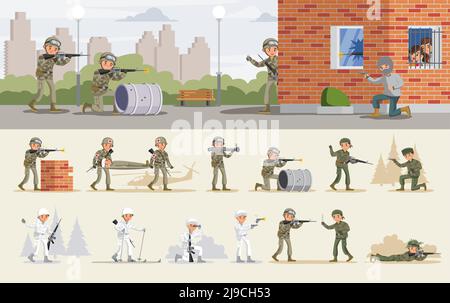 Release of hostages operation concept with military assault and soldiers in different situations vector illustration Stock Vector