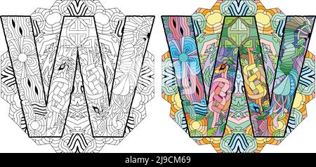 Letter W monogram, engraving design on mandala for coloring. Vector illustration. Color and outline set Stock Vector