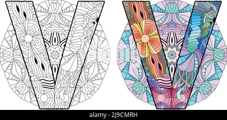 Letter V monogram, engraving design on mandala for coloring. Vector illustration. Color and outline set Stock Vector