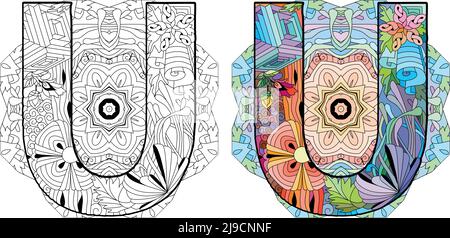 Letter U monogram with mandala, engraving design. Vector illustration for coloring. Color and outline set Stock Vector