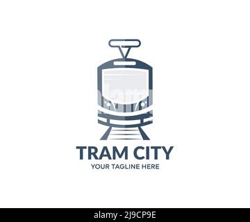 Modern tram, City tram rides through the streets of the city logo design. Public urban transportation vector design and illustration. Stock Vector