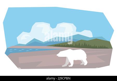 Alaska landscape with polar bear illustration Stock Vector