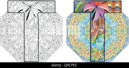 Letter T monogram with mandala, engraving design. Vector illustration for coloring. Color and outline set Stock Vector