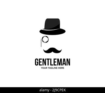 Gentleman vintage head elements set logo design. Black tophat, glasses, moustache, classic accessories. Realistic retro male fashion style vector. Stock Vector