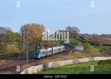 First Transpennine Express CAF class 397 electric train 397008 on the  west coast mainline in Lancashire Stock Photo