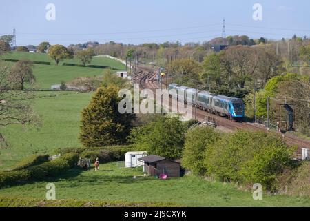 First Transpennine Express CAF class 397 electric train 397009 on the  west coast mainline in Lancashire Stock Photo