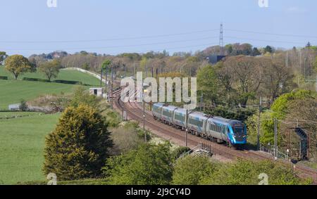 First Transpennine Express CAF class 397 electric train 397009 on the  west coast mainline in Lancashire Stock Photo