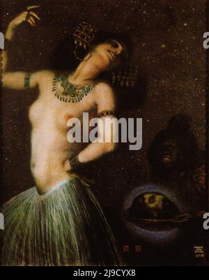 Salome by Franz von Stuck, showing Salome dancing seductively  whilst a servant hold the severed head of Joh the Baptist on a platter. Stock Photo