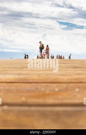 Budva, Montenegro - August 26, 2021: People at wooden pear in the old town of Budva , Montenegro Stock Photo