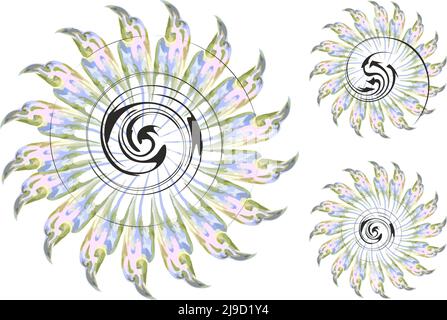 Radial eagle shapes in flower form with arrow elements - three options. Icons like the sun or a flower formed by elements of an eagle for prints, etc. Stock Photo