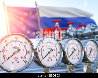 Gas pipeline with gauge with zero pression and EU European Union and Russia flags. Energy crisis and sacctions concept. 3d illustration Stock Photo