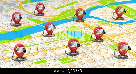 Electric car EV charging point location. Car charger power plugs with pins on the map of a city. 3d illustration Stock Photo