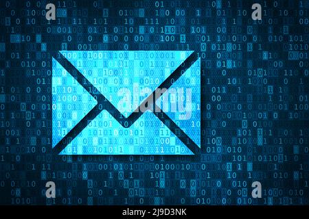 Email and cyber security concept. Phishing, hacking, virus and account theft dangers. Illustration with blue e-mail icon and binary code background.