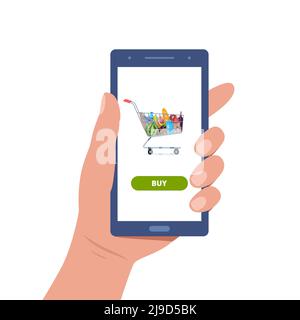 Online food ordering from supermarket using mobile app. Smartphone screen with order button and store cart full of products. Online store concept for Stock Vector