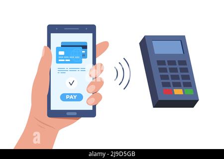 Processing of NFC payment. Contactless payment by smartphone, near-field communication protocol, and e-payment. Vector flat illustration Stock Vector