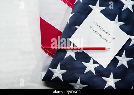 Voting ballot, red pencil and state american flag. Isolated on white background. Low angle view. There are no people in the photo. Agitation, election Stock Photo