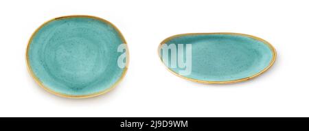 Oval porcelain plate isolated on a white background. Front view of turquoise tableware with yellow border. Top view on empty dish for food design. Mod Stock Photo