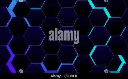Wall of Random shifted neon honeycomb hexagon background metaverse, streaming concept. 3d rendering. Stock Photo
