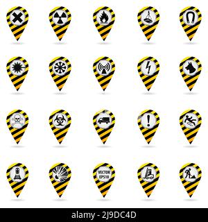Map pointers. Set of safety symbols. Location and specify the coordinates on the map terrain. Industrial Design. Yellow black striped object on a whit Stock Vector