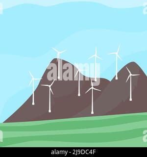 Alternative energy resource with wind turbines, field, mountains, blue sky. Summer landscape and windmill elements. Ecological power Stock Vector