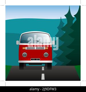 Minibus on a forest road. Transport in the landscape. Vector illustration. Stock Vector