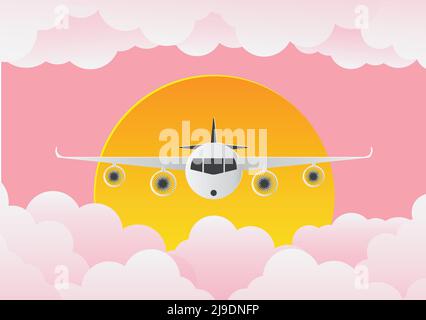 Airplane with clouds and sun on pink background Stock Vector