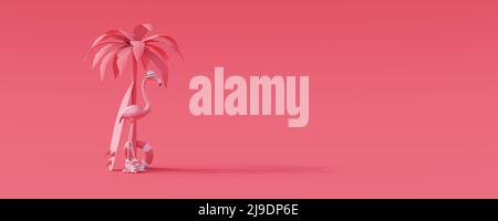 Pink flamingo on roller skates with palm tree and surfboard. Summer travel concept 3D Render 3D Illustration Stock Photo