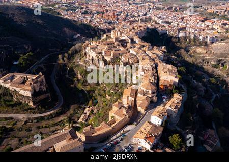 Drone view of Cuenca city on spur above gorge on spring day Stock Photo