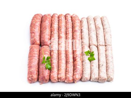 Set of  raw pork sausages isolated on white Stock Photo