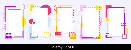 Memphis geometric frame retro card color flat set. Story frame social media poster ads product flyer to fill bold hipster retro fashion banner abstract outline colorful square rectangular shape vector Stock Vector