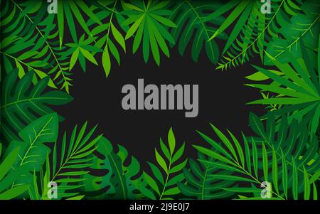 Tropical dense foliage trendy banner card dark flat style. Luxury background elite black screen saver template promotional organic exotic cosmetics. Themed party invitation card beauty salon visit Stock Vector