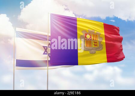 Sunny blue sky and flags of algeria and israel Stock Photo